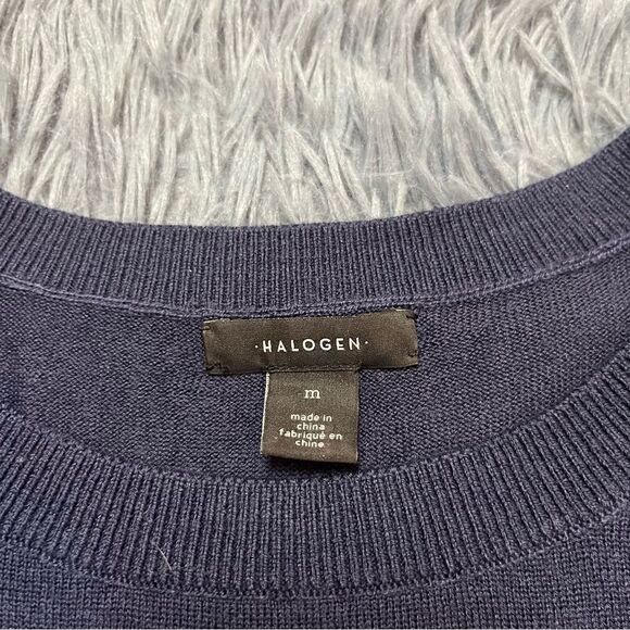 Halogen Navy Puff Sleeve Merino Wool Sweater Size M - Picture 5 of 6